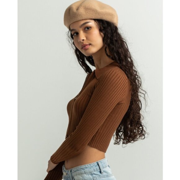 TILLY'S FULL TILT Mid Brown Ribbed Collared Zipper Cropped Long Sleeve Sweater - Picture 4 of 6